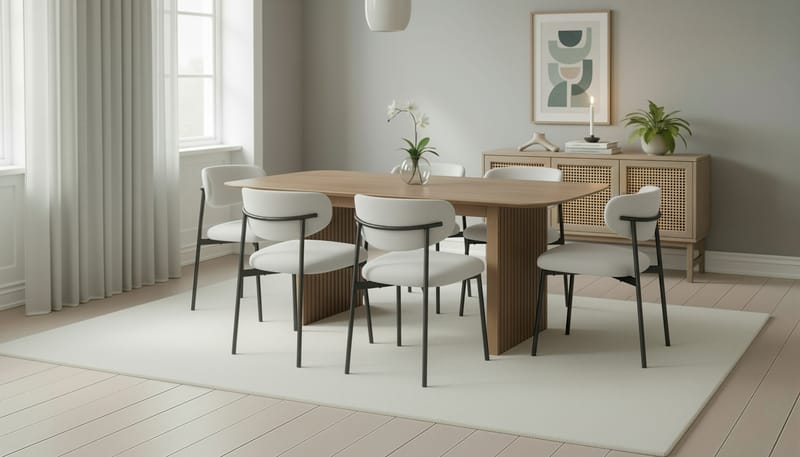 Richeto spisebord 180 cm med 6 Lucy spisestoler - Naturlig finish / hvit bouclé / metallben svart - Møbler - Bord - Spisegruppe