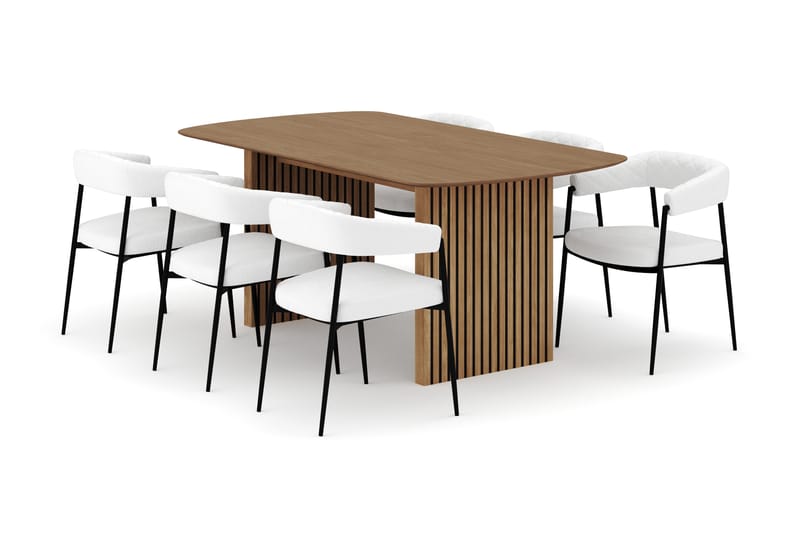 Richeto Spisebord 180 cm med 6 Velma Spisestoler, Naturlig finish / Hvit Bouclé