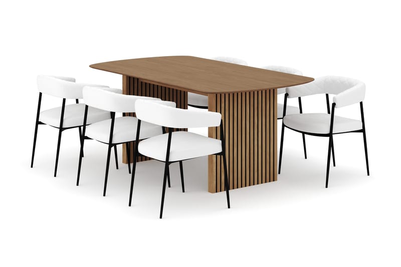 Richeto Spisebord 180 cm med 6 Velma Spisestoler, Naturlig finish / Hvit Bouclé