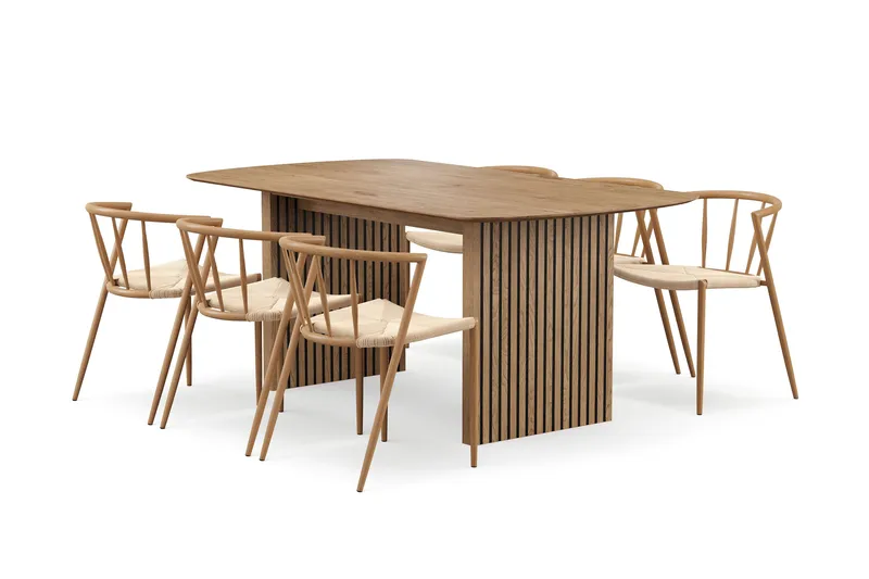 Richeto Spisebord 180 cm med 6 Winston Spisestoler, Naturlig finish / Beige / Metallben Eik