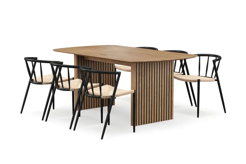 Richeto Spisebord 180 cm med 6 Winston Spisestoler, Naturlig finish / Beige / Metallben Svart