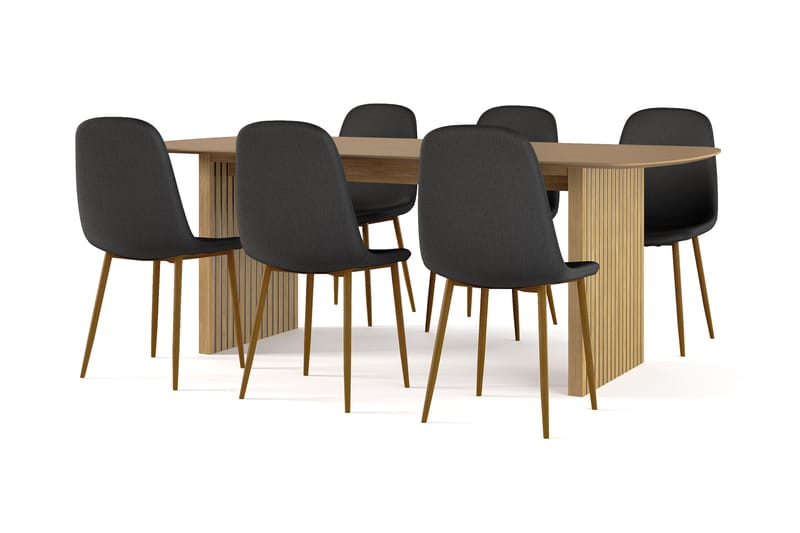 Richeto Spisebord 210 cm eik + 6 stk Naira stol svart med eikeben, Natur/Svart