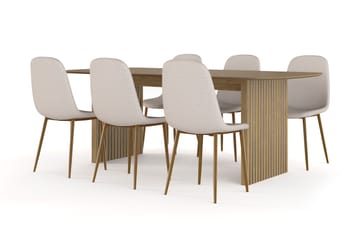 Richeto spisebord 210 cm eik + 6 stk. Nibe stol beige med eikeben - Natur/beige - Møbler - Bord - Spisegruppe