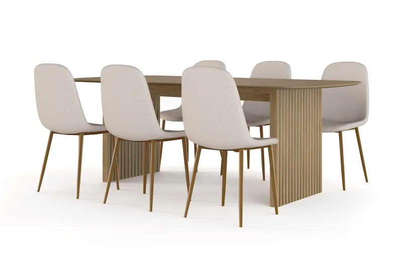 Richeto Spisebord 210 cm eik + 6 stk Nibe stol beige med eikeben, Natur/Beige