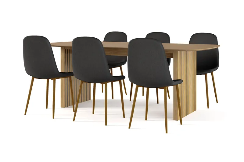 Richeto spisebord 210 cm eik + 6 stk. Nibe stol svart med eikeben, Natur/svart