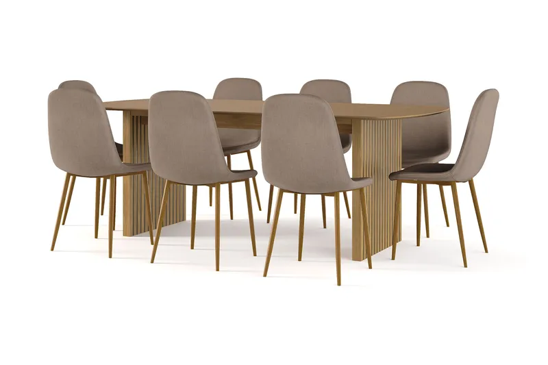 Richeto spisebord 210 cm eik + 8 stk. Nibe stol brun med eikeben, Natur/brun