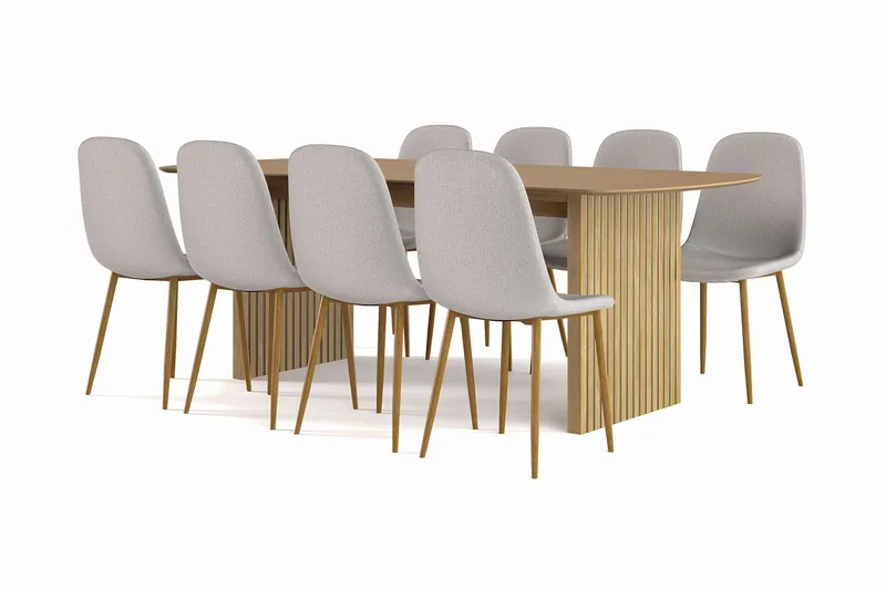 Richeto Spisebord 210 cm eik + 8 stk Nibe stol grå med eikeben, Natur/Grå