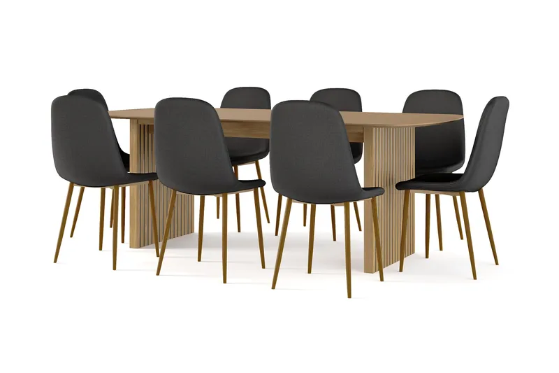 Richeto Spisebord 210 cm eik + 8 stk Nibe stol svart med eikeben, Natur/Svart
