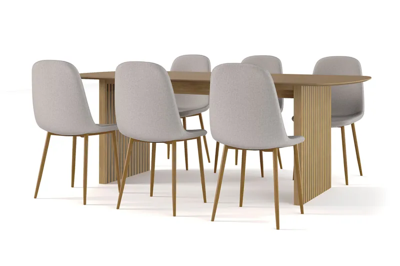 Richeto spisebord 210 cm eik + 6 stk. Nibe stol grå med eikeben, Eik