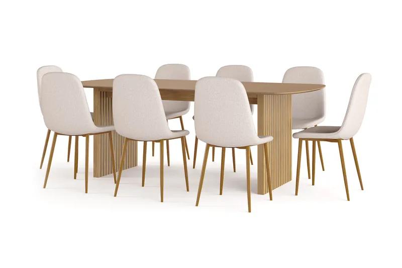 Richeto spisebord 210 cm eik + 8 stk. Nibe stol beige med eikeben, Natur/beige