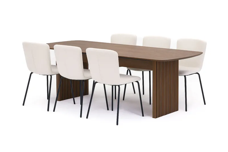 Richeto spisebord 210 cm med 4 Katy spisestoler, Røkt eik / hvit bouclé