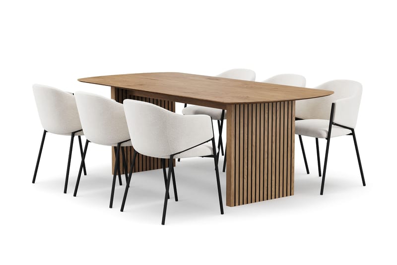 Richeto Spisebord 210 cm med 6 Filip Spisestoler, Naturlig finish / Hvit Bouclé
