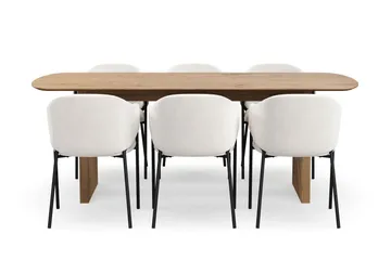 Richeto Spisebord 210 cm med 6 Filip Spisestoler - Naturlig finish / Hvit Bouclé - Møbler - Bord - Spisegruppe