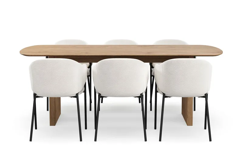 Richeto Spisebord 210 cm med 6 Filip Spisestoler - Naturlig finish / Hvit Bouclé - Møbler - Bord - Spisegruppe
