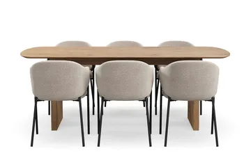 Richeto Spisebord 210 cm med 6 Filip Spisestoler - Naturlig finish / Taupe Bouclé - Møbler - Bord - Spisegruppe