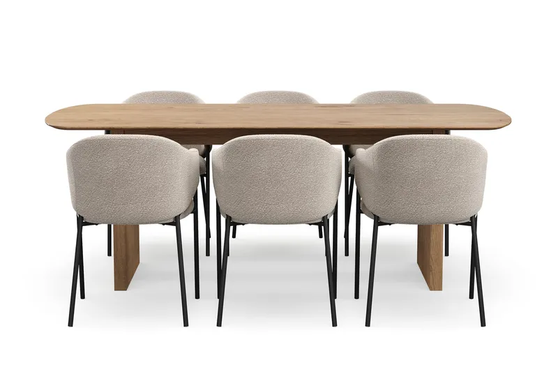 Richeto Spisebord 210 cm med 6 Filip Spisestoler - Naturlig finish / Taupe Bouclé - Møbler - Bord - Spisegruppe