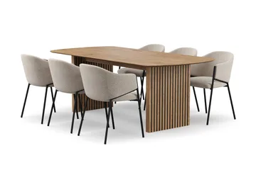 Richeto Spisebord 210 cm med 6 Filip Spisestoler - Naturlig finish / Taupe Bouclé - Møbler - Bord - Spisegruppe