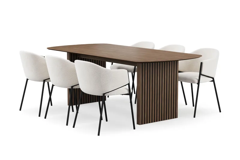 Richeto spisebord 210 cm med 6 Filip spisestoler, Røkt eik / hvit bouclé
