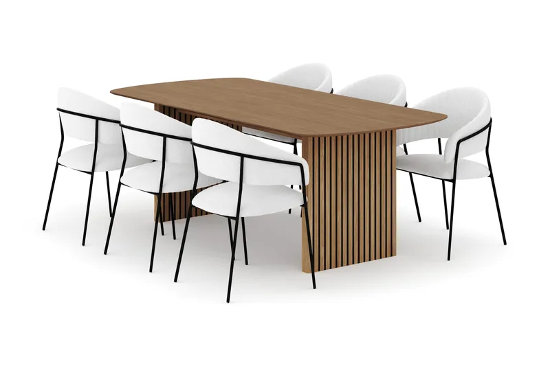 Richeto Spisebord 210 cm med 6 Karol Spisestoler, Naturlig finish / Hvit Bouclé