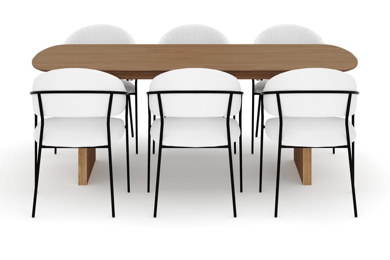 Richeto Spisebord 210 cm med 6 Karol Spisestoler - Naturlig finish / Hvit Bouclé - Møbler - Bord - Spisegruppe