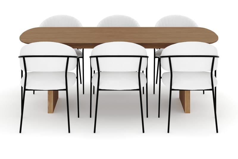Richeto Spisebord 210 cm med 6 Karol Spisestoler - Naturlig finish / Hvit Bouclé - Møbler - Bord - Spisegruppe