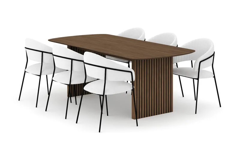 Richeto Spisebord 210 cm med 6 Karol Spisestoler, Røkt eik / Hvit Bouclé