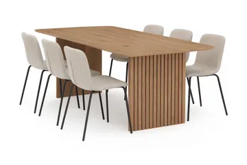 Richeto Spisebord 210 cm med 6 Katy Spisestoler - Naturlig finish / Greige Bouclé / Metallben Svart - Møbler - Bord - Spisegruppe