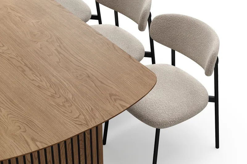 Richeto spisebord 210 cm med 6 Lucy spisestoler - Naturlig finish / Greige bouclé / Metallben svart - Møbler - Bord - Spisegruppe