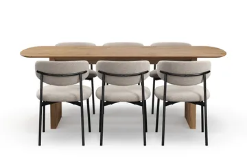 Richeto spisebord 210 cm med 6 Lucy spisestoler - Naturlig finish / Greige bouclé / Metallben svart - Møbler - Bord - Spisegruppe
