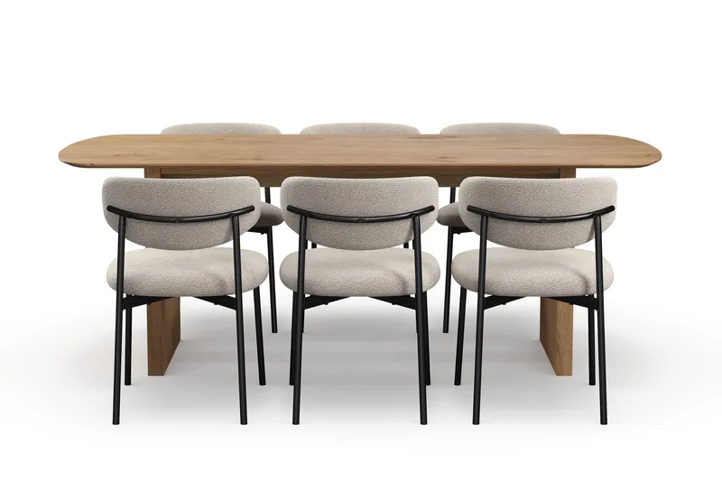 Richeto spisebord 210 cm med 6 Lucy spisestoler - Naturlig finish / Greige bouclé / Metallben svart - Møbler - Bord - Spisegruppe