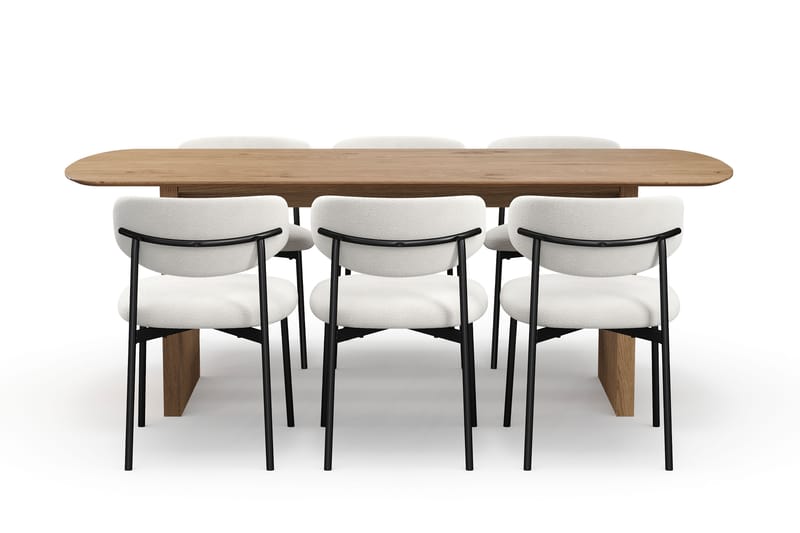 Richeto Spisebord 210 cm med 6 Lucy Spisestoler - Naturlig finish / Hvit Bouclé / Metallben Svart - Møbler - Bord - Spisegruppe