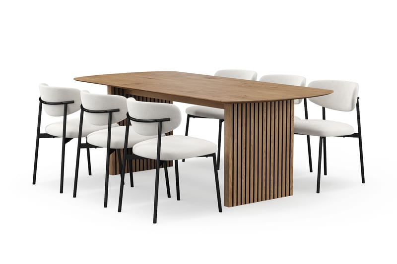 Richeto Spisebord 210 cm med 6 Lucy Spisestoler, Naturlig finish / Hvit Bouclé / Metallben Svart