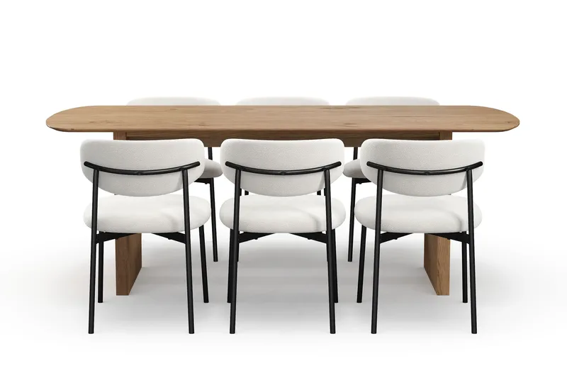 Richeto spisebord 210 cm med 6 Lucy spisestoler - Naturlig finish / hvit bouclé / metallben svart - Møbler - Bord - Spisegruppe