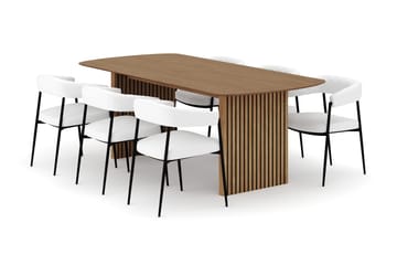 Richeto Spisebord 210 cm med 6 Velma Spisestoler - Naturlig finish / Hvit Bouclé - Møbler - Bord - Spisegruppe