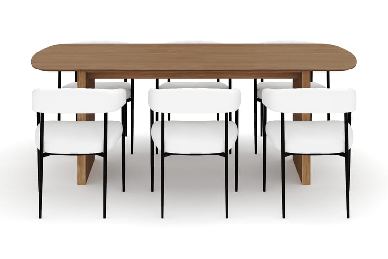 Richeto Spisebord 210 cm med 6 Velma Spisestoler - Naturlig finish / Hvit Bouclé - Møbler - Bord - Spisegruppe