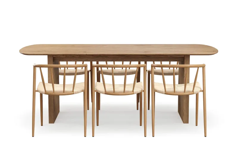 Richeto spisebord 210 cm med 6 Winston spisestoler - Naturlig finish / Beige / Metallben eik - Møbler - Bord - Spisegruppe