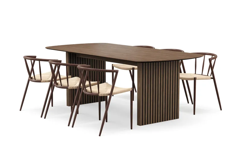 Richeto Spisebord 210 cm med 6 Winston Spisestoler, Røkt eik / Beige / Metallben Røkt eik