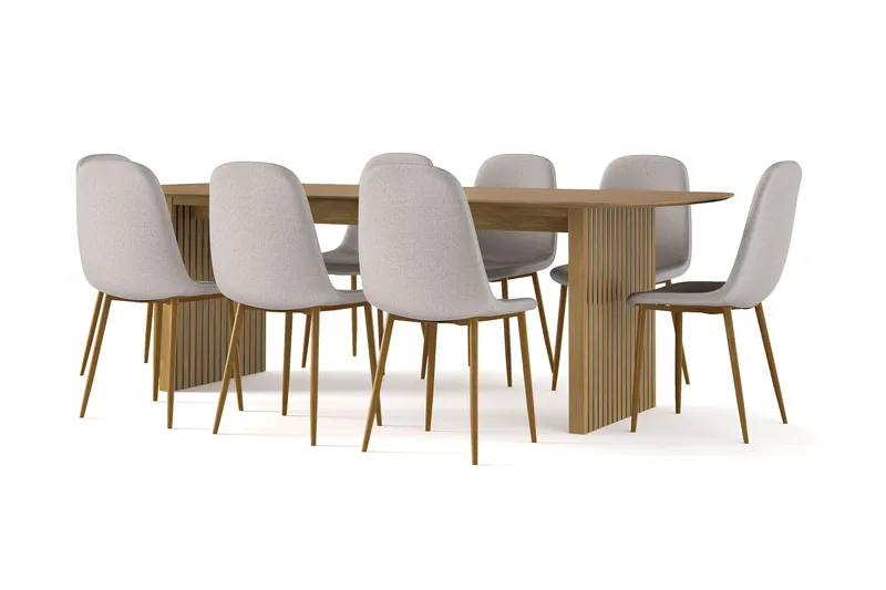Richeto Spisebord 240 cm eik + 8 stk Nibe stol grå med eikeben, Natur/Grå