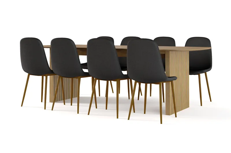 Richeto spisebord 240 cm eik + 8 stk. Nibe stol svart med eikeben, Natur/svart