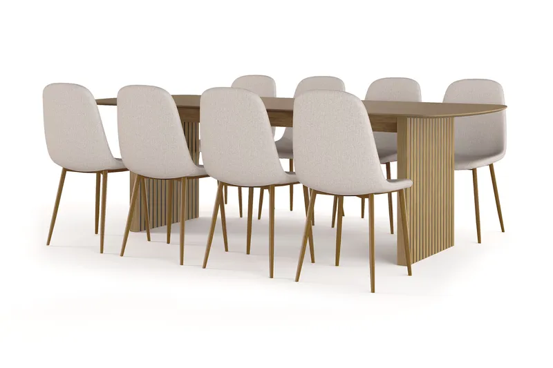 Richeto spisebord 240 cm eik + 8 stk. Nibe stol beige med eikeben, Natur/beige