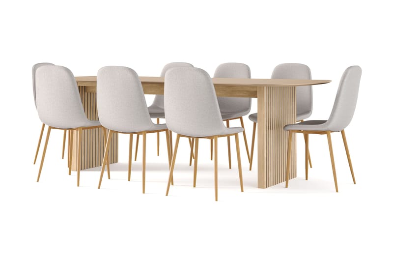 Richeto spisebord 240 cm eik + 8 stk. Nibe stol grå med eikeben - Natur/grå - Møbler - Bord - Spisegruppe