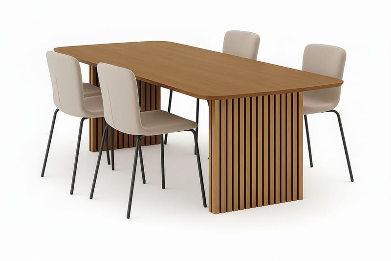 Richeto Spisebord 240 cm med 4 Katy Spisestoler, Naturlig finish / Greige Bouclé / Metallben Svart