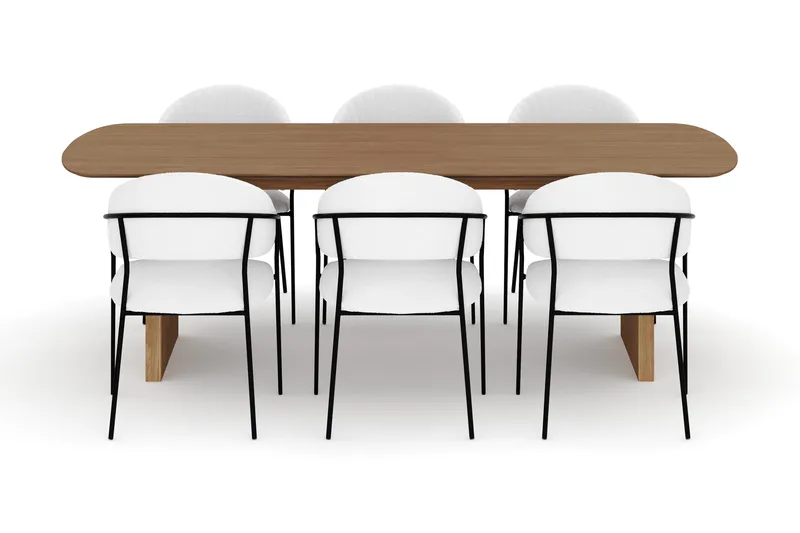 Richeto Spisebord 240 cm med 6 Karol Spisestoler - Naturlig finish / Hvit Bouclé - Møbler - Bord - Spisegruppe