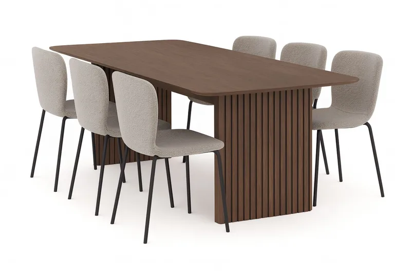 Richeto Spisebord 240 cm med 6 Katy Spisestoler, Røkt eik / Greige Bouclé