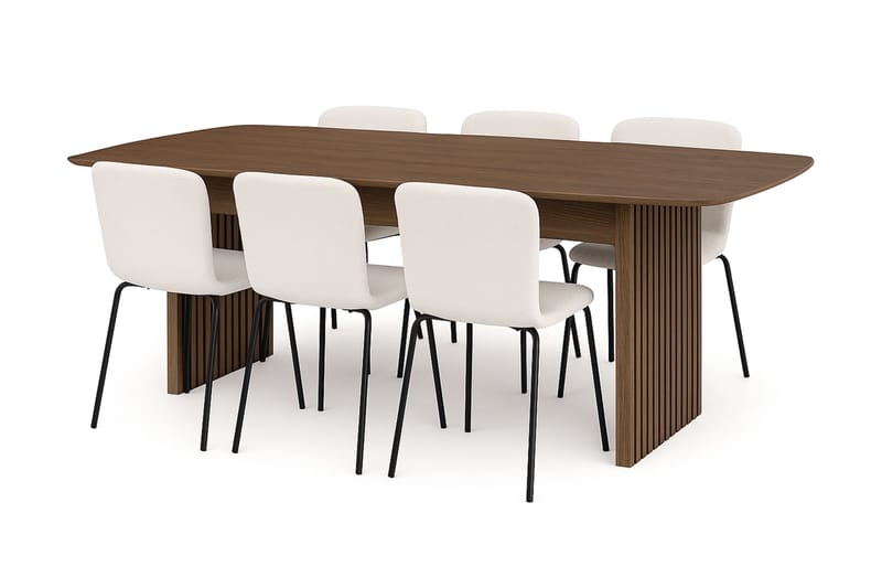 Richeto spisebord 240 cm med 6 Katy spisestoler, Røkt eik / hvit bouclé