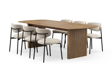 Richeto Spisebord 240 cm med 6 Lucy Spisestoler - Naturlig finish / Greige Bouclé / Metallben Svart - Møbler - Bord - Spisegruppe