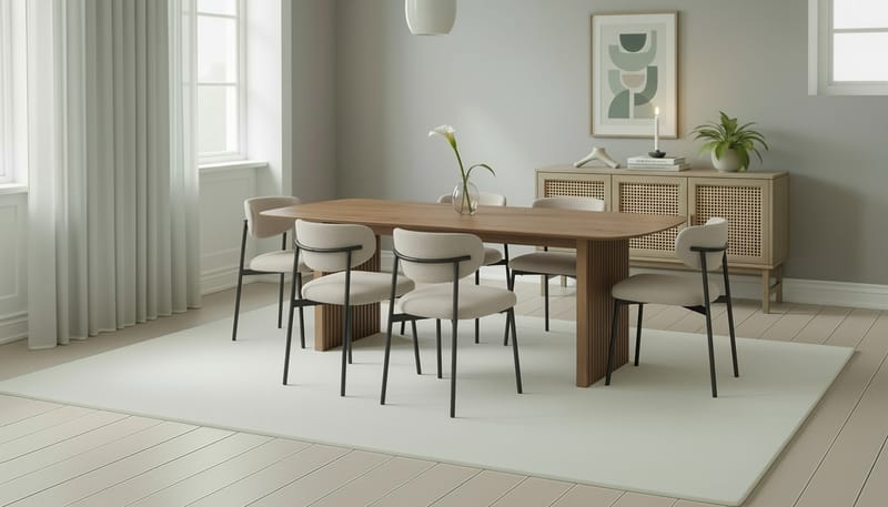 Richeto Spisebord 240 cm med 6 Lucy Spisestoler - Naturlig finish / Greige Bouclé / Metallben Svart - Møbler - Bord - Spisegruppe