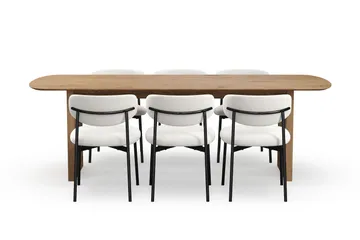 Richeto Spisebord 240 cm med 6 Lucy Spisestoler - Naturlig finish / Hvit Bouclé / Metallben Svart - Møbler - Bord - Spisegruppe