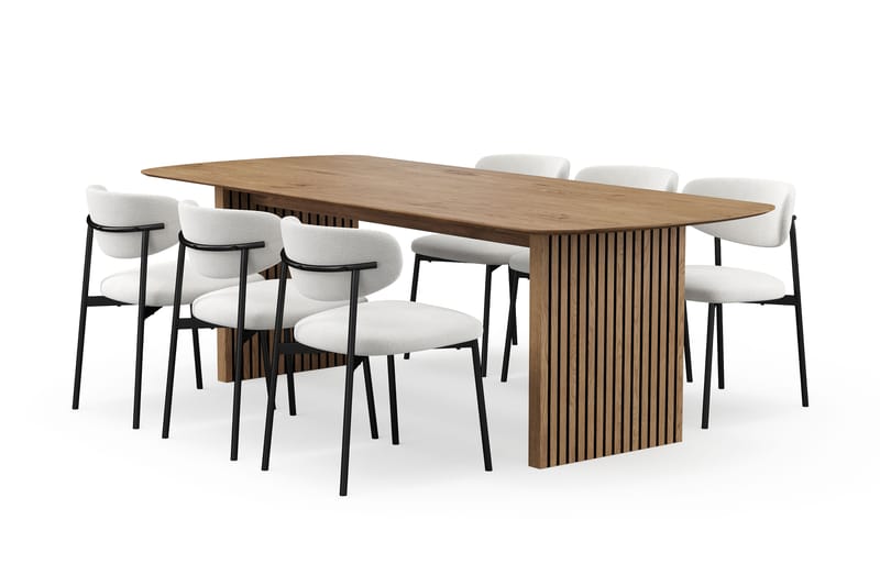 Richeto Spisebord 240 cm med 6 Lucy Spisestoler, Naturlig finish / Hvit Bouclé / Metallben Svart