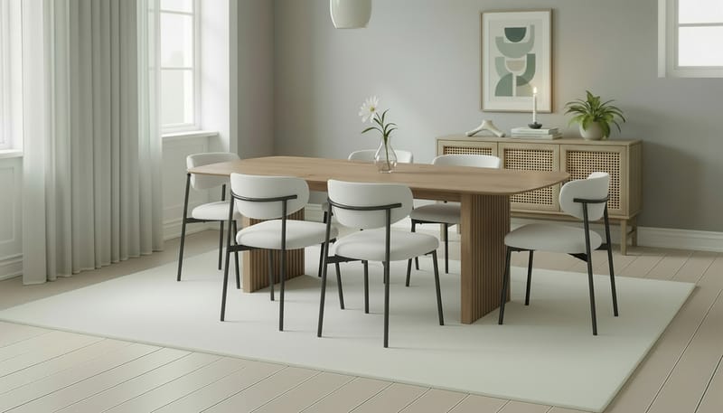 Richeto Spisebord 240 cm med 6 Lucy Spisestoler - Naturlig finish / Hvit Bouclé / Metallben Svart - Møbler - Bord - Spisegruppe